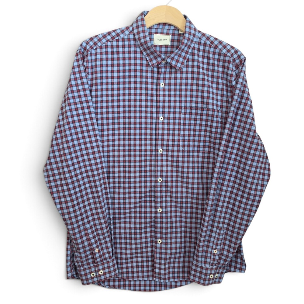 7 Diamonds Shirt Mens Large Blue Maroon Plaid Gingham Long Sleeve Button Up